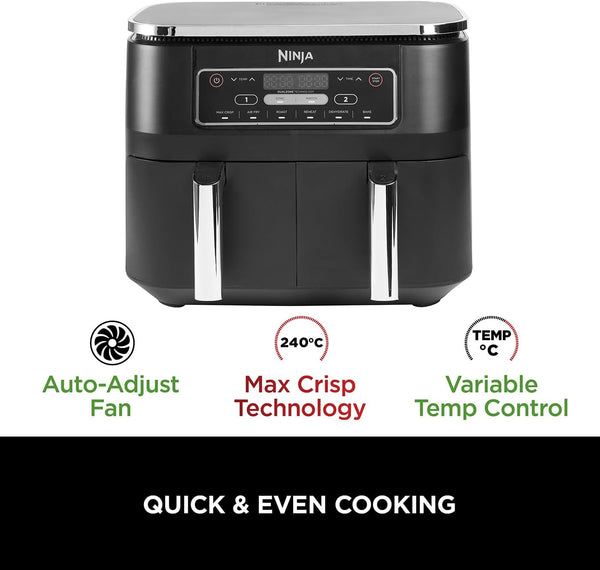 Ninja Foodi Dual Zone Digital Air Fryer, 2 Drawers, 7.6L, 6-In-1, Uses No Oil, Air Fry, Max Crisp, Roast, Bake, Reheat, Dehydrate, Cooks 4-6 Portions, Non-Stick, Dishwasher Safe Baskets, Black AF300UK