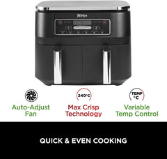 Ninja Foodi Dual Zone Digital Air Fryer, 2 Drawers, 7.6L, 6-In-1, Uses No Oil, Air Fry, Max Crisp, Roast, Bake, Reheat, Dehydrate, Cooks 4-6 Portions, Non-Stick, Dishwasher Safe Baskets, Black AF300UK