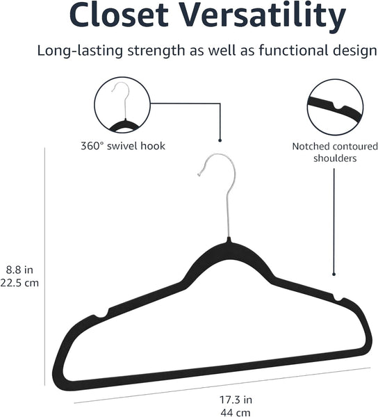 Amazon Basics Slim Velvet Non-Slip Suit Hangers - 30-Pack, Black/Silver