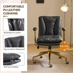 Office Chair Desk Chair with Wheels & Removable Armrests Gold Base Vanity Chair with Back Adjustable Rolling Swivel Computer Task Chair PU Leather