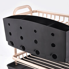 Rose Gold Color, Vertical Bowl And Plate Drain Rack with Rotating Water Outlet Drip Tray, Large Capacity, Aluminum Alloy Bowl And Plate Rack with Cutlery Rack, Kitchen Countertop Storage Rack, Saving Countertop Space