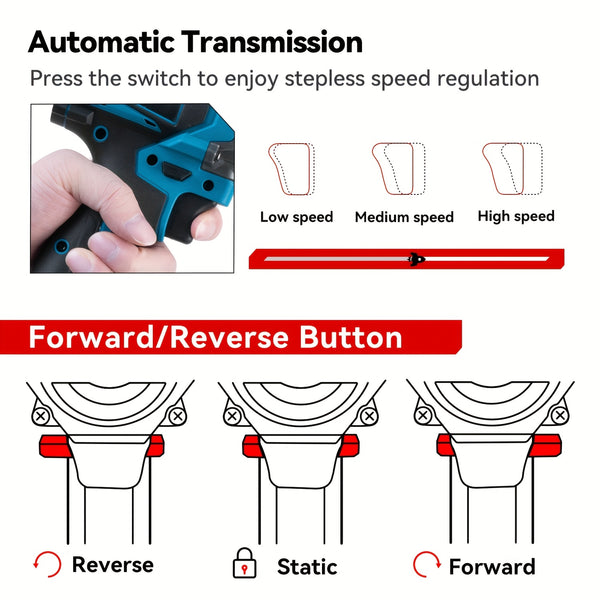 Brushless Electric Wrench, 1/2 Inch Impact Wrench Set,, with LED Work Light, 2 Forward Speeds, 2 Reverse Speeds, for Home DIY/Electric Tools Home DIY/Electric Tools, Furniture Installation Scaffolding Electric Tools, ONEVAN
