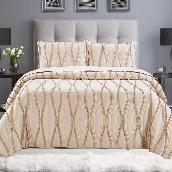 Luxury 3-Piece Embossed Quilted Bedspread Set – Super Soft All-Season Microfiber Comforter with Matching Pillow Shams, Elegant Wave Design, Bed Throw Single Double King Size, Lightweight Yet Warm Modern Bedding Set, Ideal for Modern or Traditional Homes
