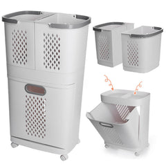 1pc, White Two-Layer, Bathroom Dirty Clothes Sorting And Storage Basket, Household Multi-Purpose Laundry Changing And Storage Basket, Upper Compartment Dirty Clothes Basket, Fruit, Vegetable, Snack And Toy Storage Basket, Large Capacity Space Saving, Non