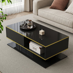 Modern LED Coffee Table, 100Cm High Gloss White Coffee Table, with 3 Drawers And RGB Light Strips, Adjustable Color/Brightness, Gold Edge, PB Board Material, Suitable for Living Room, Bedroom, Lounge, Studio - with a Load-Bearing Capacity of 50Kg And Spac