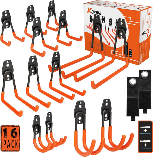 KOFANI Garage Hooks, 16 Pack Steel Heavy Duty Garage Storage Hooks with Anti-Slip Coating, Utility Garage Wall Mount Hooks for Hanging Bike, Ladder and Garden Tools