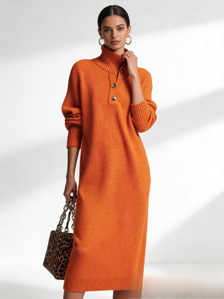 Solid Color Button- Collar Loose-Fit Dress - Straight Tube Mid-Length Dress Suitable for Office, Semi-Formal & Casual Attire - Machine Washable Dress