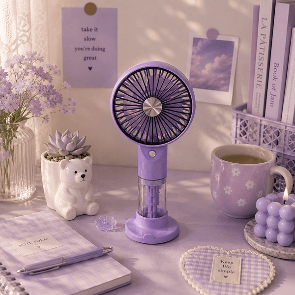 Portable USB Rechargeable Mist Fan with Adjustable Speeds, Humidifier, and LED Light – Compact and Stylish Handheld Fan for Personal Cooling