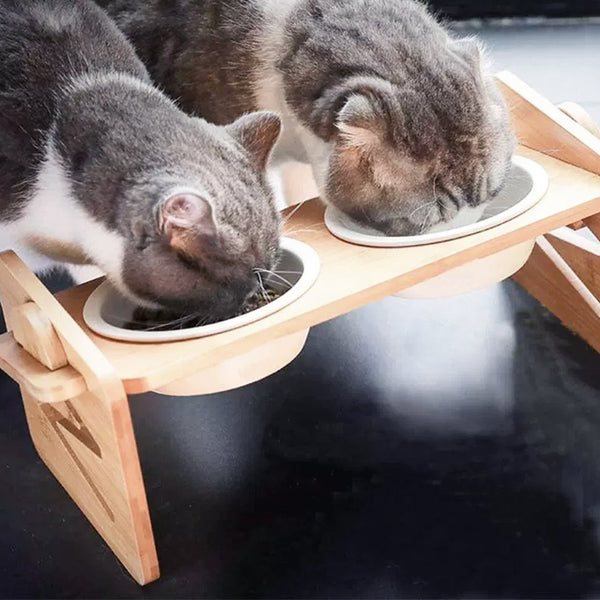 Pets Dog/Cat Bowls with Stand, 1/2/3 Bowls Adjustable Height Elevated Feeder Bowls for Cats and Small Dogs, Wooden Raised Feeding Bowls with Stand