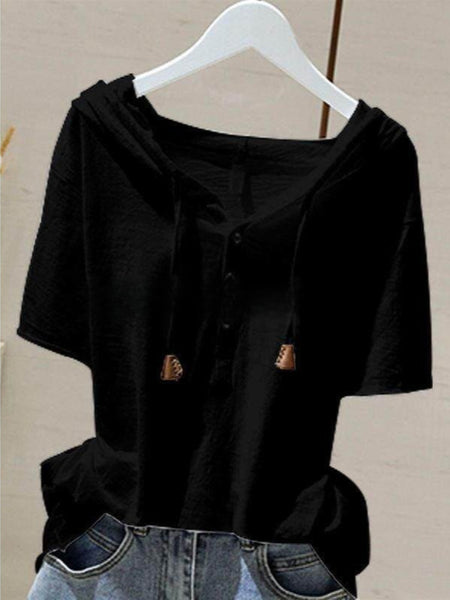 Women's Lightweight Hooded T-Shirt, Short Sleeve Henley V-Neck Top for Summer