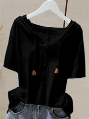Women's Lightweight Hooded T-Shirt, Short Sleeve Henley V-Neck Top for Summer