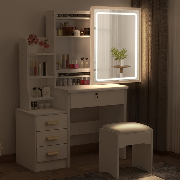 Dressing Table with LED Lights And Adjustable Brightness, Vanity Desk with Mirror, 4 Drawers, 6 Hidden Shelves, And Stool, Makeup Desk for Bedroom, Modern Makeup Table with Mirror And Chair (White)