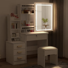 Dressing Table with LED Lights And Adjustable Brightness, Vanity Desk with Mirror, 4 Drawers, 6 Hidden Shelves, And Stool, Makeup Desk for Bedroom, Modern Makeup Table with Mirror And Chair (White)