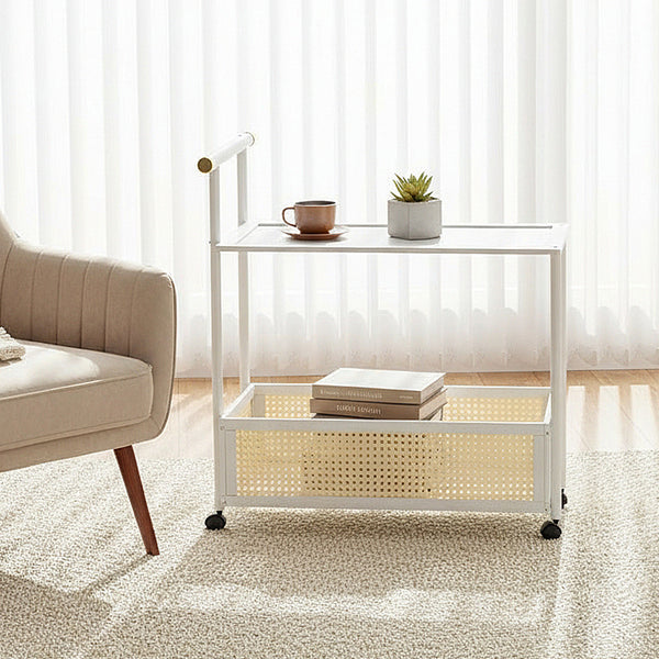 1PC Multifunctional Living Room Side Table with Wheels, Mobile Coffee Table Featuring Storage Basket and Shelves, Modern Storage Rack, Suitable for Living Rooms, Bedrooms, and Offices