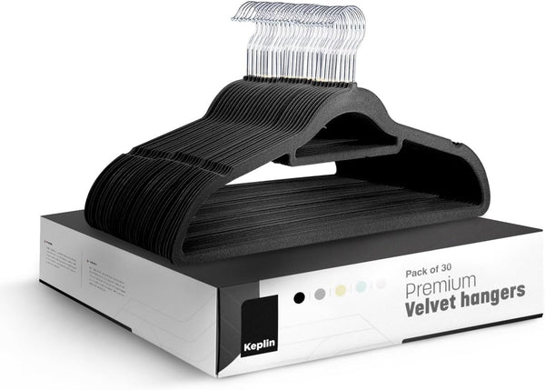 KEPLIN Velvet Hangers 20 Pack - Non-Slip Clothes Hangers with Tie Bar & 360° Hook - Durable & Sturdy, Space-Saving Wardrobe Organisers for Suits, Jackets & Clothes- Home Storage Solution (Black)
