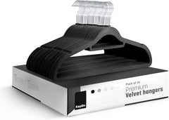 KEPLIN Velvet Hangers 20 Pack - Non-Slip Clothes Hangers with Tie Bar & 360° Hook - Durable & Sturdy, Space-Saving Wardrobe Organisers for Suits, Jackets & Clothes- Home Storage Solution (Black)