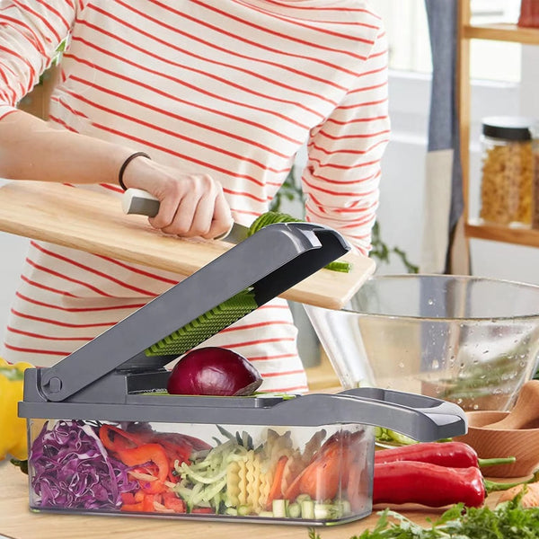 14-in-1 Multi-Function Vegetable Chopper and Slicer, Food Processor with Interchangeable Blades, Onion Tomato Cucumber Carrot Cutter, Vegetable Dicer and Shredder, Durable Kitchen Tool, Gray