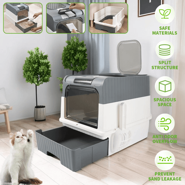 2PCS XL Large Cat Litter Box Self Cleaning Pan Drawer Anti-Splashing Cat Potty Tray Grey 49X35X37CM