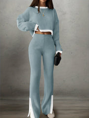 Women'S Short Color-Blocked Long-Sleeve Top with Solid Color Pants, a Casual And Stylish Outfit for Christmas