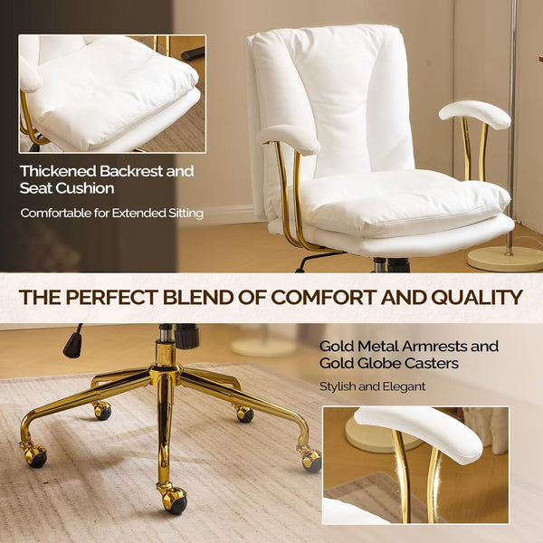 Office Chair Desk Chair with Wheels & Removable Armrests Gold Base Vanity Chair with Back Adjustable Rolling Swivel Computer Task Chair PU Leather