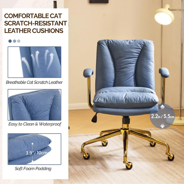 Office Chair Desk Chair with Wheels & Removable Armrests Gold Base Vanity Chair with Back Adjustable Rolling Swivel Computer Task Chair PU Leather