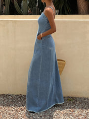 [2026Ss]Vintage Distressed Washed Denim Long Strap Dress, an Elegant And Stylish Outfit for Women, Made from Comfortable Fabric in a Retro Denim Style