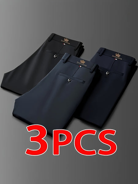 3pcs High-Elasticity Men's Business Casual Dress Pants, All-Season Wear, Wrinkle- No Ironing Required, Professional Style, Classic Design, Premium Craftsmanship, Machine Washable Fashion Men's Wear