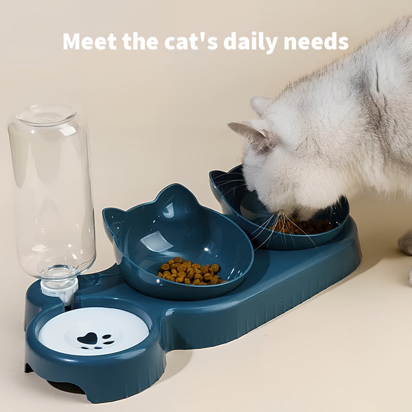 A 3-In-1 Pet Bowl That Includes a Cat Bowl, Spoon, And Cup, Available Locally for Food And Water. This Triple Cat Bowl Features a Plastic Raised Dish And an Automatic Water Bottle