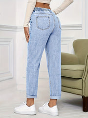 Ladies' 2026 New Stretch Elastic Drawstring Slim Cropped Jeans, Acid Wash Blue Cuff Straight Denim Trousers, Elegant Women's Clothing, Tapered Pantalones for All Seasons, Mom Pants with Pockets, High Waisted Tummy Control Travel Casual Pants