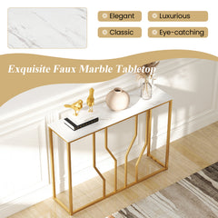 ERGOMASTER Gold Console Table, Modern White Faux Marble Entryway Table, Narrow Sofa Side Table with Geometric Metal Frame, for Living Room, Hallway & Entrance, 110 x 30 x 80 cm