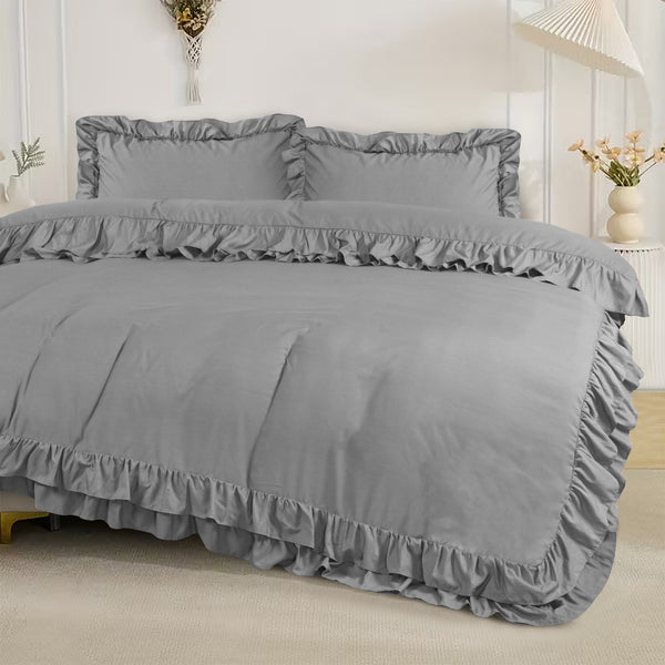 3-Piece Ruffle Frilled Duvet Cover Set – Soft, Comfortable Bedding with Pillowcases, Button Closure, Elegant Layered Design