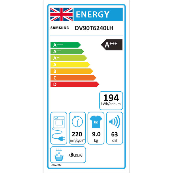Samsung Series 6 DV90T6240LH/S1, 9Kg, Heat Pump Tumble Dryer, A+++ Rated in White