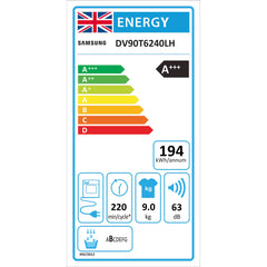 Samsung Series 6 DV90T6240LH/S1, 9Kg, Heat Pump Tumble Dryer, A+++ Rated in White