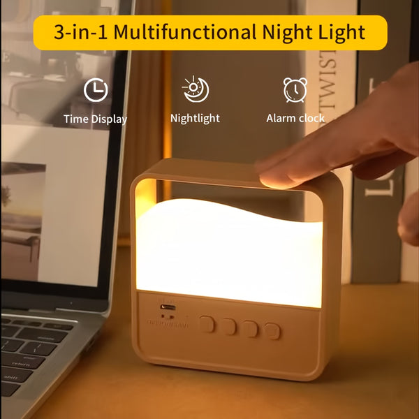 LED Bedside Lamp | Night Light with Alarm Clock, Time Display, Rechargeable, Adjustable Brightness, Soft Lighting for Home Bedrooms, USB Charging
