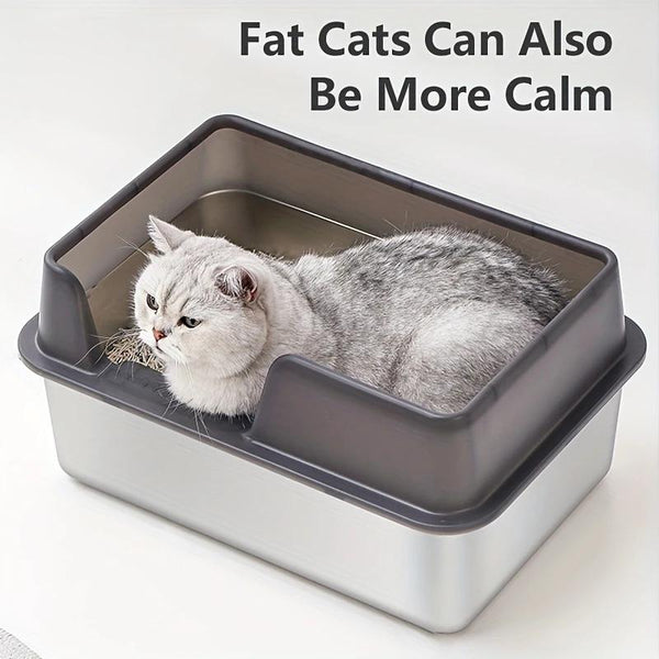 XL Stainless Steel Cat Litter Box, Large Cat Litter Tray with High Sides Anti Leakage, Odor Control, Metal Litter Box with Anti-slip Bottom, Easy Cleaning Kitten Litter Tray for Cats, Black Grey