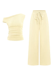 KatchMe Women's 2-Piece Outfit - Sloping Shoulder Top & Wide Leg Pants Set, Shirred Detail Matching Coord, Minimalist Solid Color Two Piece