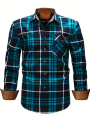 New  Brushed Plaid Flannel Men's Long Sleeve Shirt, Two-Tone Design, Thickened Autumn Casual Shirt for Men's Daily Vacation Streetwear, Comfortable Fit