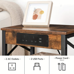 X-shaped Bedside Table with Charging Station | 2 USB Ports, 2 AC Outlets, 2 Drawers, Rustic Brown, 38 x 28 x 60 cm, HOOBRO