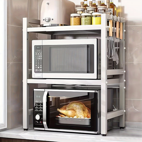 3-Tier Expandable Microwave Oven Rack with 6 Hooks And 3 Towel Racks, Includes a Chopstick Holder, Cutting Board Holder, Spice Rack, And Kitchen Storage Rack. Suitable for Kitchens, Offices, And Storage Rooms. Extends 40-64 Cm (Black, White)
