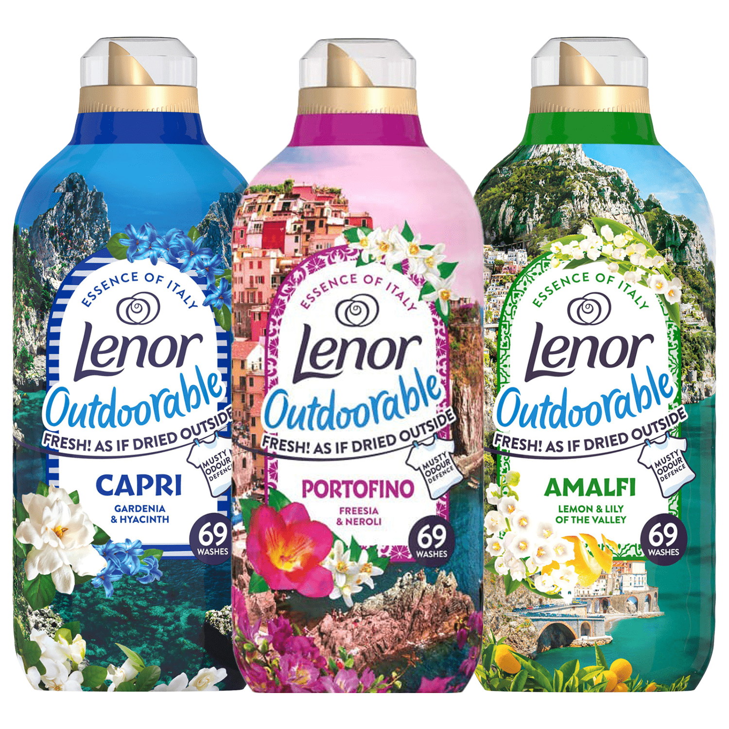 Lenor 3 Fabric Conditioner Outdoorables Bundle Giftset 69 Washes 966ml Each Amalfi Capri Portofino – Long-Lasting Fresh Scent Laundry Care for Soft, Fragrant Clothes, Premium Home Laundry Essentials, Multi-Scent Pack for Daily Washing
