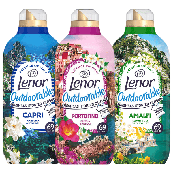 Lenor 3 Fabric Conditioner Outdoorables Bundle Giftset 69 Washes 966ml Each Amalfi Capri Portofino – Long-Lasting Fresh Scent Laundry Care for Soft, Fragrant Clothes, Premium Home Laundry Essentials, Multi-Scent Pack for Daily Washing
