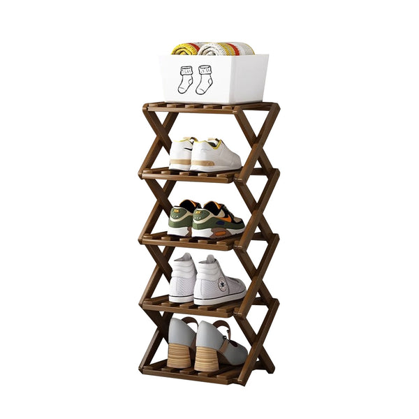 4/5/6/7 Tiers Bamboo Wooden Shoe Rack, Vertical Shoe Racks Storage Shelves Tall Shoe Tower, Collapsible Narrow Shoe Stand, Installation Free Folding X-Shape Shoe Racks Sneakers Slippers Holder Organizer, Multi Functional Shoe Rack Durable Footwear Cabinet