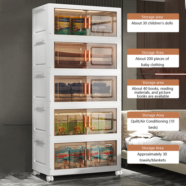 5-Tier Collapsible Plastic Storage Bins with Magnetic Doors & Wheels - Stackable High Quality Organizer, Transparent Tawny, Large Capacity (55.12x33.02x153.92cm) for Bedroom, Living Room, Kitchen, Entryway - Easy Tool-Free Assembly, Modern Aesthetic, Smoo