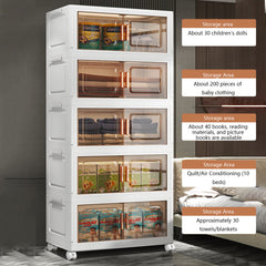 5-Tier Collapsible Plastic Storage Bins with Magnetic Doors & Wheels - Stackable High Quality Organizer, Transparent Tawny, Large Capacity (55.12x33.02x153.92cm) for Bedroom, Living Room, Kitchen, Entryway - Easy Tool-Free Assembly, Modern Aesthetic, Smoo