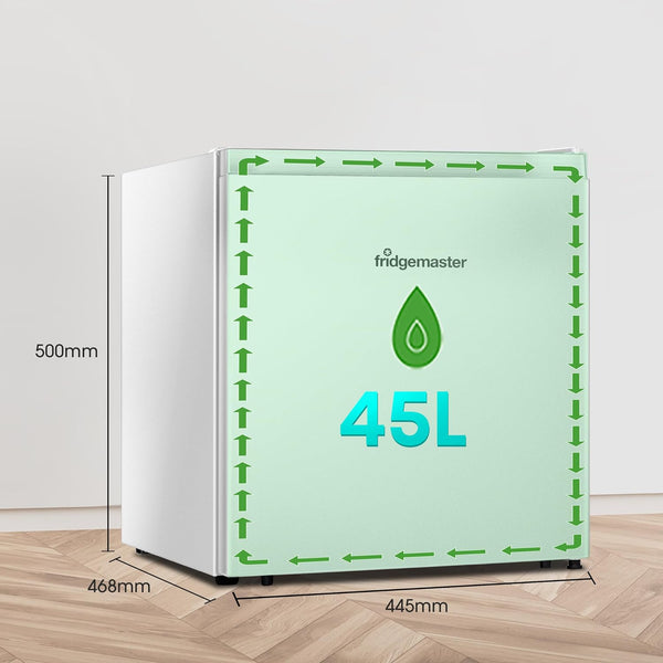 Fridgemaster MUR4545 Small Table Top 45Cm Mini Fridge - 45 L - Mechanical Control with Adjustable Thermostat - Reversible Door - 39 Db Low Noise - Broad Climate Design - White - E Rated