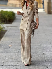 New Women'S Product: Lined Plaid Suit Jacket Top + Plaid Wide-Leg Pants Suit, Fashionable And Elegant for Commuting, Going Out, Professional Office, Street Style, Airport Daily Wear Suit Two-Piece Set, Suitable for Spring And Autumn Wear