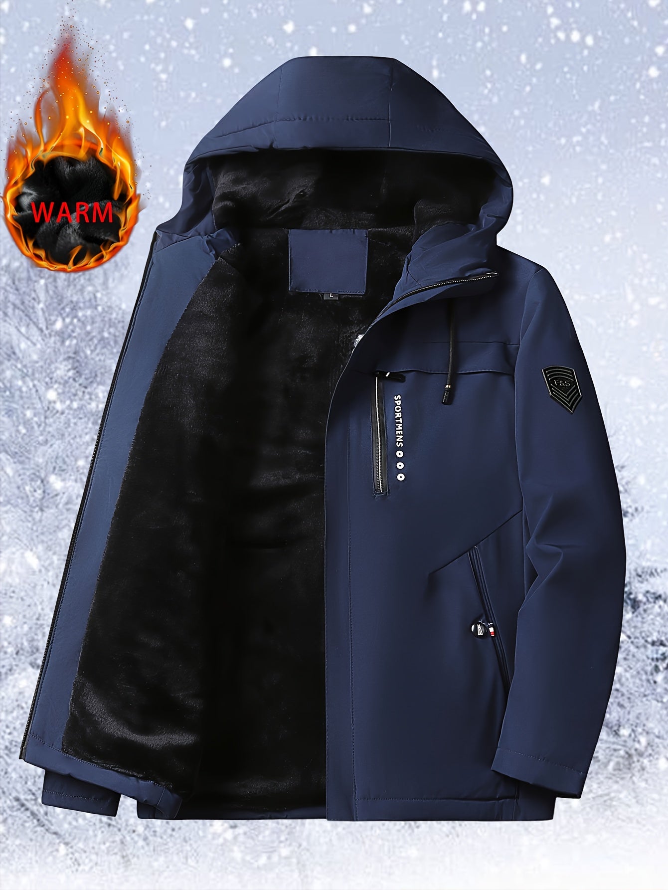 Men'S Insulated Thermal Winter Jacket Full Zipper Closure Hooded Windproof Coat Front Full Zip And Zipper Pockets - Machine Washable Cold Weather Outerwear for Skiing, Snowboarding, Hiking - Black (Unlined