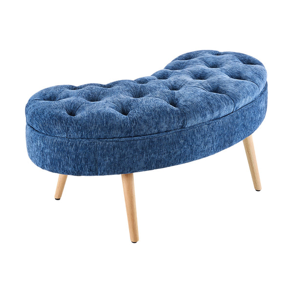Nordic Modern Arc-shaped Design Quilted Button Fabric Upholstered Storage Stool Shoe Changing Stool with Wooden Legs, Large Capacity Shoe Changing Stool At The Entrance of The Living Room, Storage Bench At The Bed End, Blue, 103*50*46cm