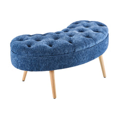 Nordic Modern Arc-shaped Design Quilted Button Fabric Upholstered Storage Stool Shoe Changing Stool with Wooden Legs, Large Capacity Shoe Changing Stool At The Entrance of The Living Room, Storage Bench At The Bed End, Blue, 103*50*46cm