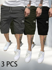 3pcs Men'S Casual Loose Cargo Shorts - Featuring Large Pockets And Letter Prints, Machine Washable Non-Stretch Fabric, Durable Design, Outdoor Style, Street Fashion, a Summer Wardrobe Essential